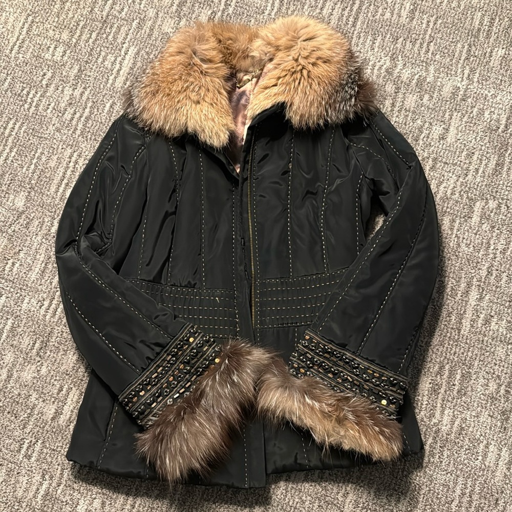Black Fur-Trimmed jacket leopard print Lining Florence Mode made in Italy